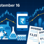 September 16 corporate filings illustration showing stock market chart, Lupin pharma lab, MobiKwik digital wallet, Kalpataru real estate skyline, and dividend slips of Sansera Engineering and BLS Group.