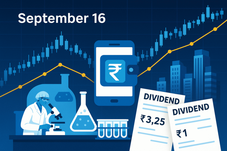 September 16 corporate filings illustration showing stock market chart, Lupin pharma lab, MobiKwik digital wallet, Kalpataru real estate skyline, and dividend slips of Sansera Engineering and BLS Group.