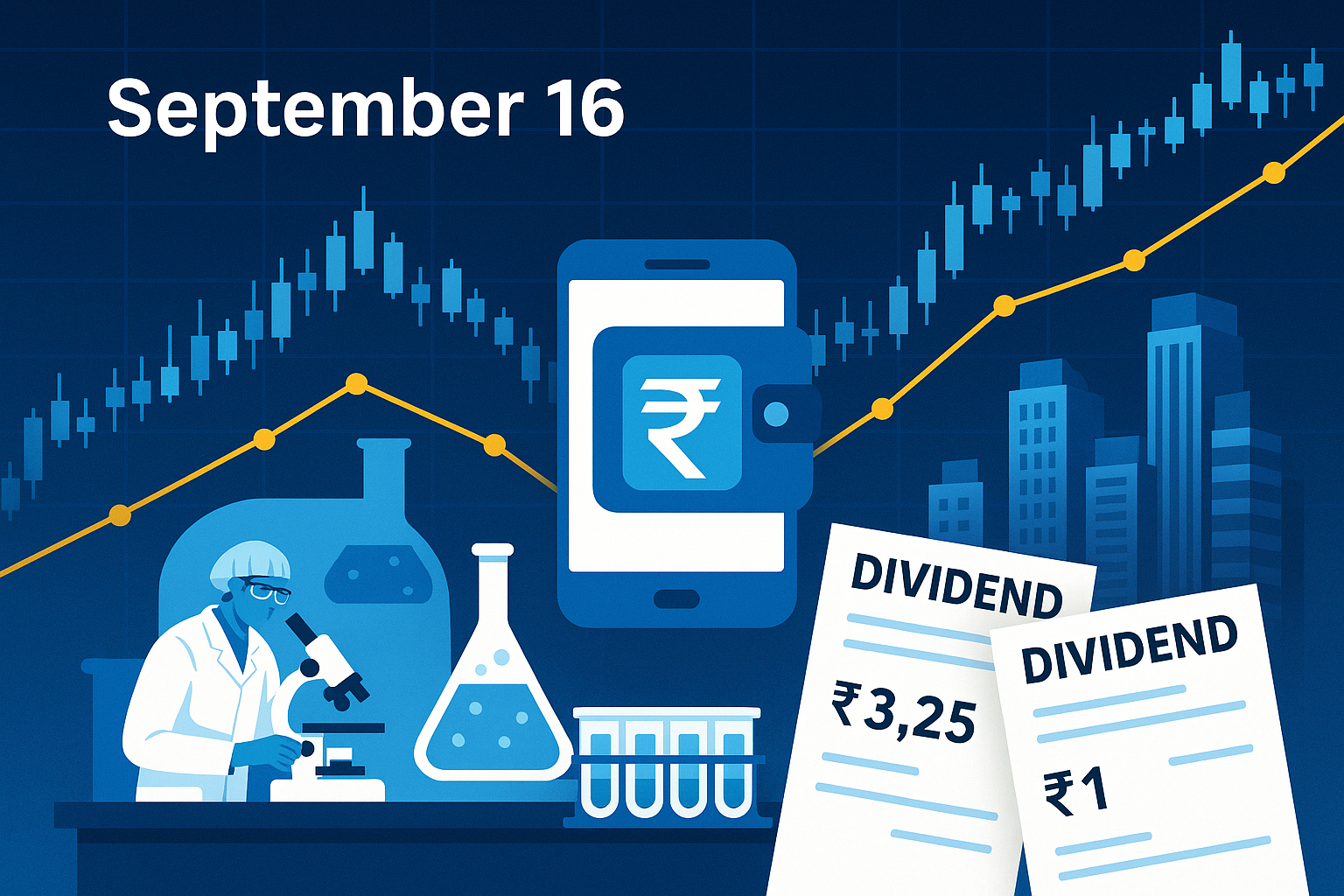 September 16 corporate filings illustration showing stock market chart, Lupin pharma lab, MobiKwik digital wallet, Kalpataru real estate skyline, and dividend slips of Sansera Engineering and BLS Group.